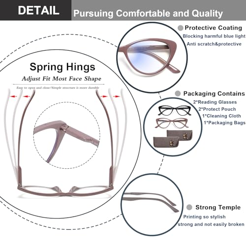 EYEURL Cat Eye Reading Glasses for Women - 2 Pack Blue Light Blocking Computer Readers 0.50 Spring Hinge Anti Glare/UV Ray Eyeglasses - Image 4