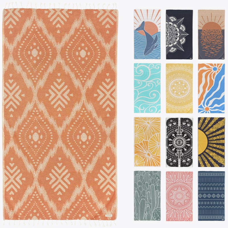 FESHKA Sand Proof Turkish Beach Towel Oversized Quick Dry Lightweight Travel Towel 100 Organic Cotton Beach Blanket Perfect for Bath Pool Picnic Damask RustBeige