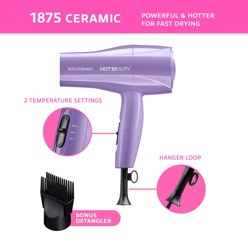 Hot Beauty 1875 Ceramic Hair Dryer, Powerful Fast Drying, Multi-Setting with Comb Attachment, Additional Detangler Included, Slide Bar Switch, Compact for Home & Travel (Purple) - Image 3