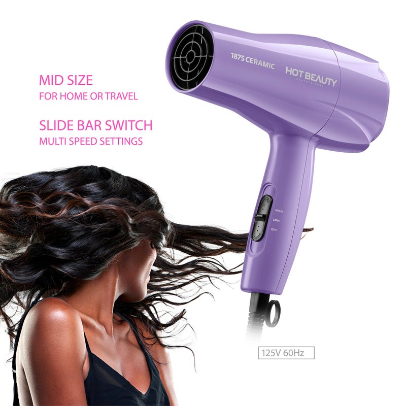 Hot Beauty 1875 Ceramic Hair Dryer, Powerful Fast Drying, Multi-Setting with Comb Attachment, Additional Detangler Included, Slide Bar Switch, Compact for Home & Travel (Purple) - Image 4