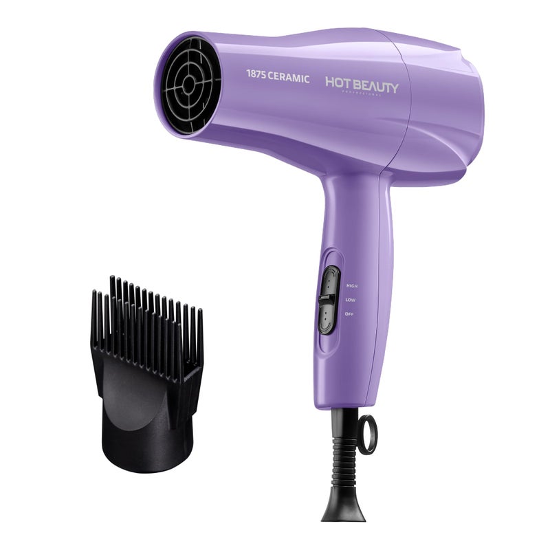 Hot Beauty 1875 Ceramic Hair Dryer, Powerful Fast Drying, Multi-Setting with Comb Attachment, Additional Detangler Included, Slide Bar Switch, Compact for Home & Travel (Purple) - Image 1