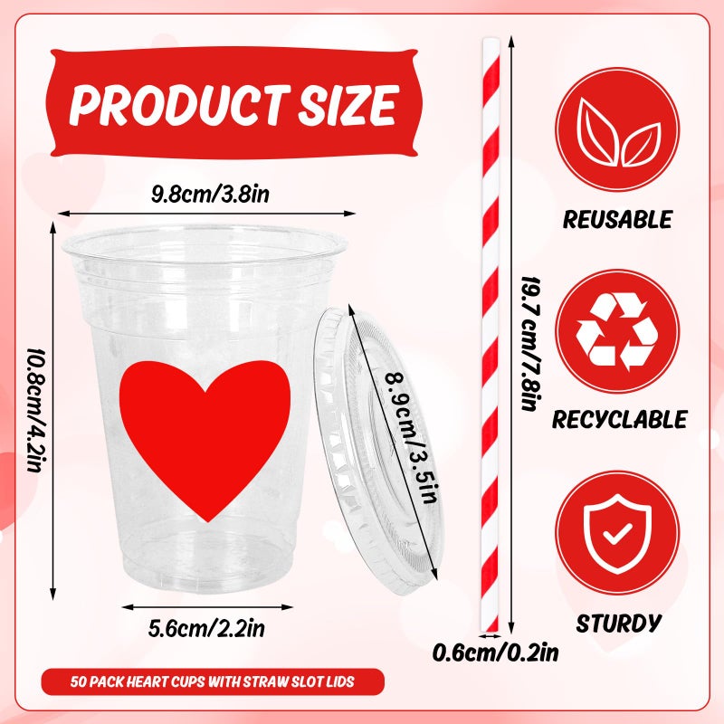 Whaline 50Pcs Valentine's Day Disposable Plastic Cups With Lids And Straws 12oz Party Cups Red Pink Cold Beverage Drinking Cups For Wedding Birthday Party Supplies - Image 2