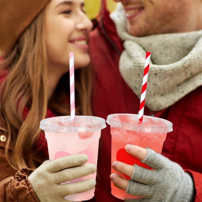Whaline 50Pcs Valentine's Day Disposable Plastic Cups With Lids And Straws 12oz Party Cups Red Pink Cold Beverage Drinking Cups For Wedding Birthday Party Supplies - Image 5