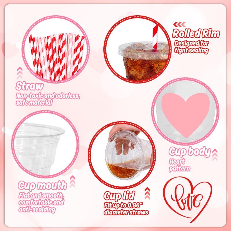Whaline 50Pcs Valentine's Day Disposable Plastic Cups With Lids And Straws 12oz Party Cups Red Pink Cold Beverage Drinking Cups For Wedding Birthday Party Supplies - Image 3