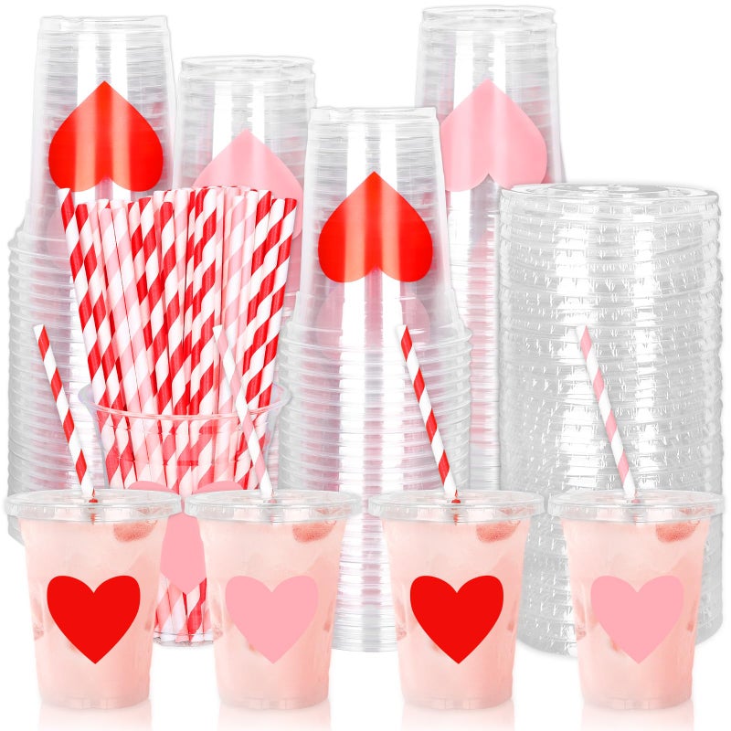 Whaline 50Pcs Valentine's Day Disposable Plastic Cups With Lids And Straws 12oz Party Cups Red Pink Cold Beverage Drinking Cups For Wedding Birthday Party Supplies - Image 1