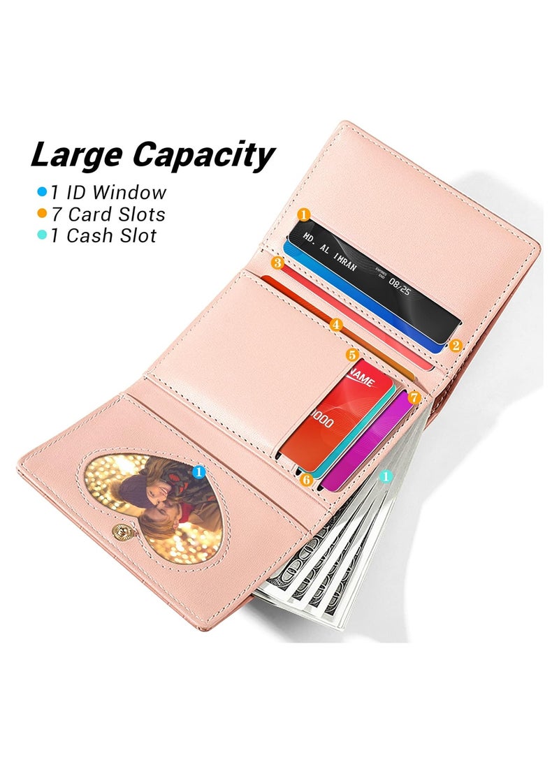Excefore محفظة نسائية، حامل بطاقات محفظة نسائية، محفظة صغيرة قابلة للطي مع حجب RFID، محفظة جلدية صغيرة لطيفة للنساء، الفتيات، محفظة قصيرة صغيرة للسيدات (وردي) - Image 3