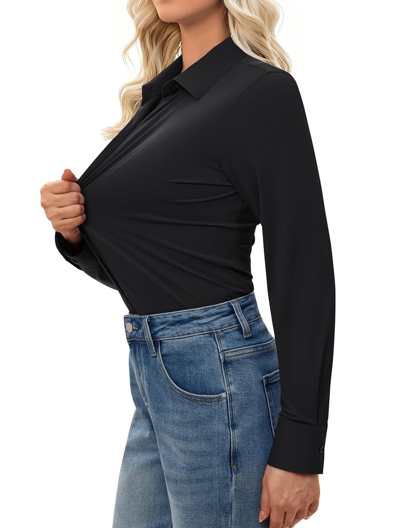 Aoudery Button Down Shirts for Women Slim Fit Long Sleeve Stretch Dress Shirts Work Shirt Wrinkle Free Office Blouse Top - All Black L - Image 2
