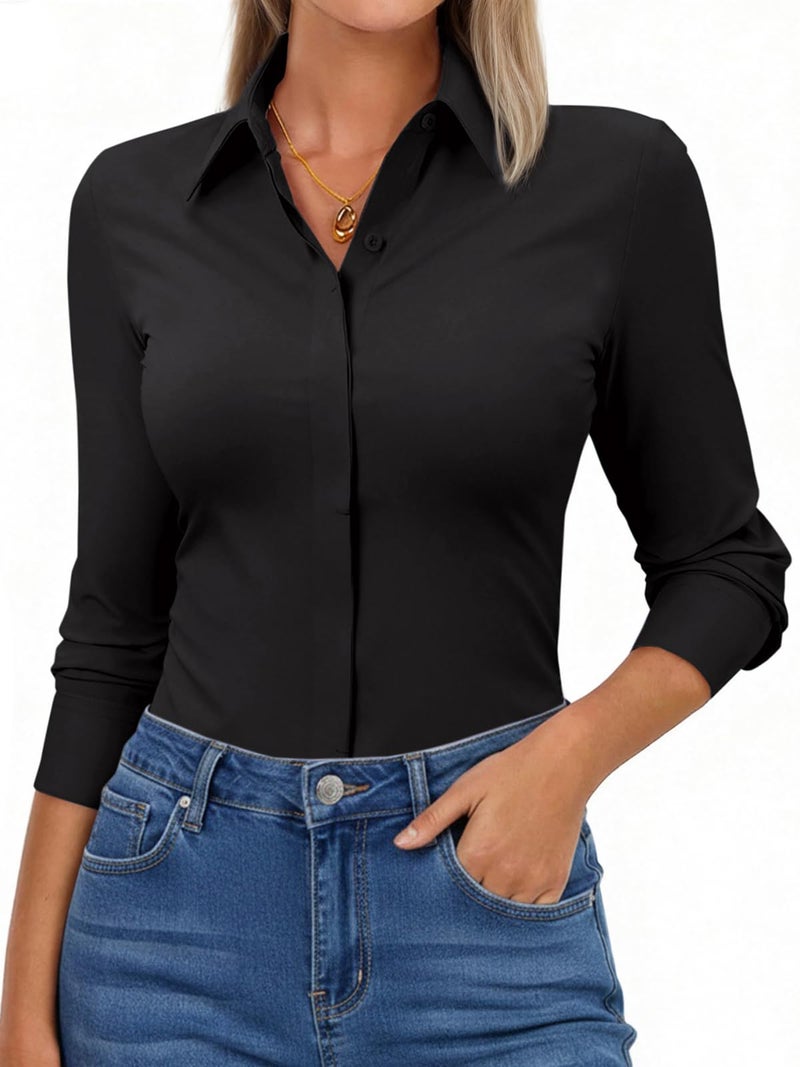 Aoudery Button Down Shirts for Women Slim Fit Long Sleeve Stretch Dress Shirts Work Shirt Wrinkle Free Office Blouse Top - All Black L - Image 1