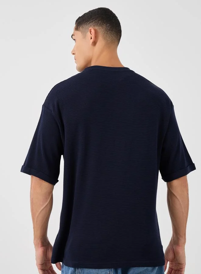 Styli Waffle Knit Oversized T-Shirt with Turn-Up Sleeves