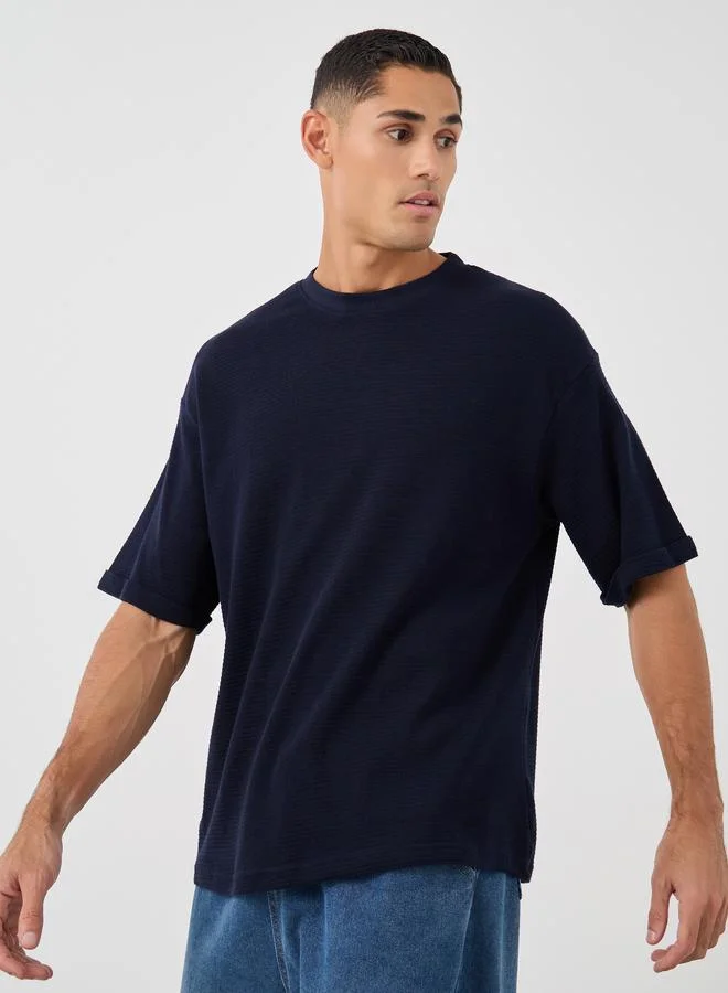 Styli Styli Waffle Knit Oversized T-Shirt with Turn-Up Sleeves