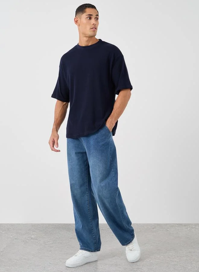 Styli Styli Waffle Knit Oversized T-Shirt with Turn-Up Sleeves