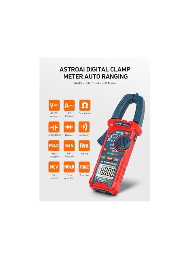 erorex Digital Clamp Meter Multimeter 2000 Counts Amp Voltage Tester Auto-ranging with AC/DC Voltage, AC Current, Resistance, Capacitance, Continuity, Live Wire Test, Non-Contact Voltage Detection - Image 2