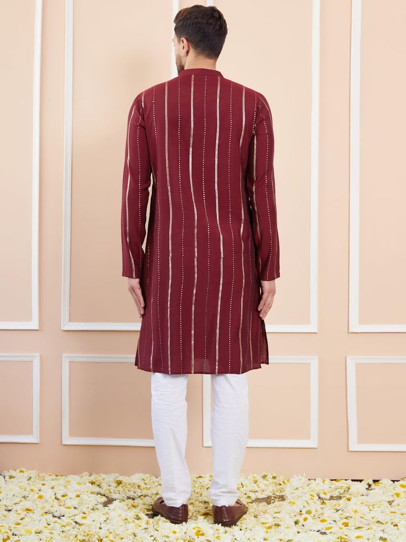 See Designs Men Full Sleeve Side Slit Burgundy and Gold Chanderi Silk Sequins Mandarin Collar Kurta - SD2KT_2433L - Image 5