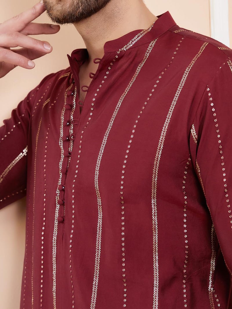 See Designs Men Full Sleeve Side Slit Burgundy and Gold Chanderi Silk Sequins Mandarin Collar Kurta - SD2KT_2433L - Image 2