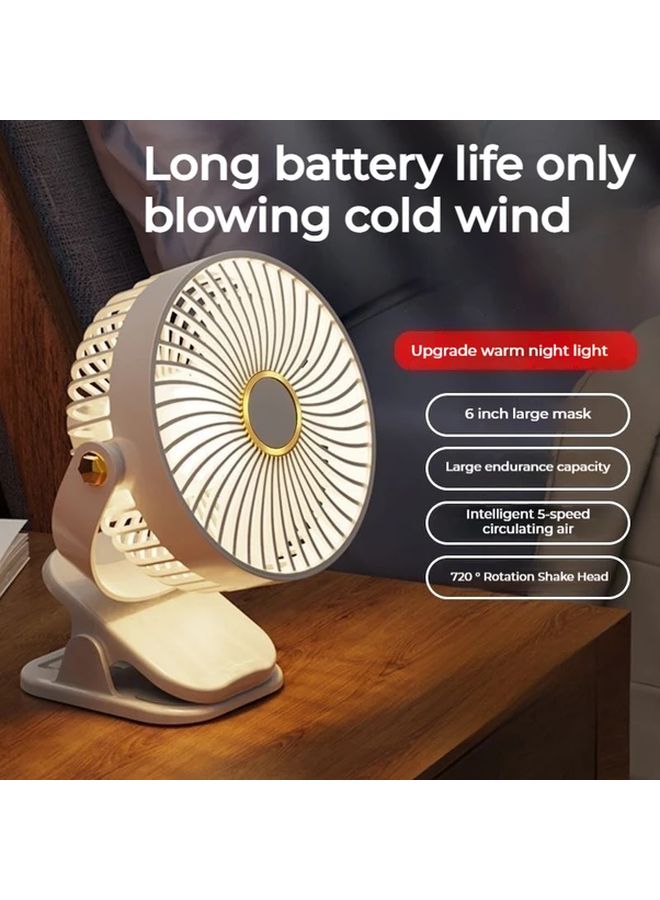 مروحة محمولة فائقة الهدوء، 5 سرعات، ضوء ليلي محيط، قابلة للشحن عبر USB، لونان، متعددة الوظائف، تصميم معلق وقابل للربط وطاولة، محرك بدون فرش، لغرفة النوم والتخييم والسفر، أبيض. - Image 1