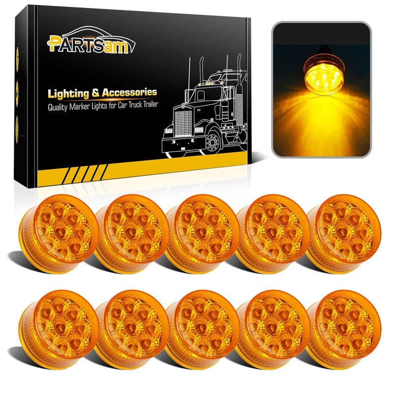 Partsam 10Pcs 2 inch Amber 9 LED Side Marker Turn Signal Light 2 Round Clearance Lights with Reflectors for Trailer Truck Waterproof Sealed 12V