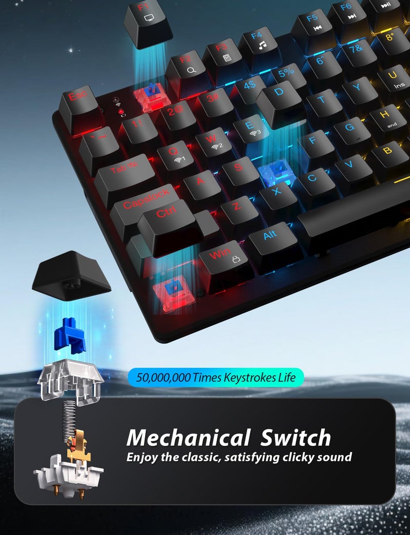 Taiahiro Wireless Mechanical Keyboard and Mouse Combo, 98-Key Gaming Keyboard with RGB Backlit, Tri-Mode BT5.0/2.4G/USB-C, 4000mAh Battery, 3200 DPI Gaming Mouse with Mouse Pad for PC, Laptop, Tablet - Image 2