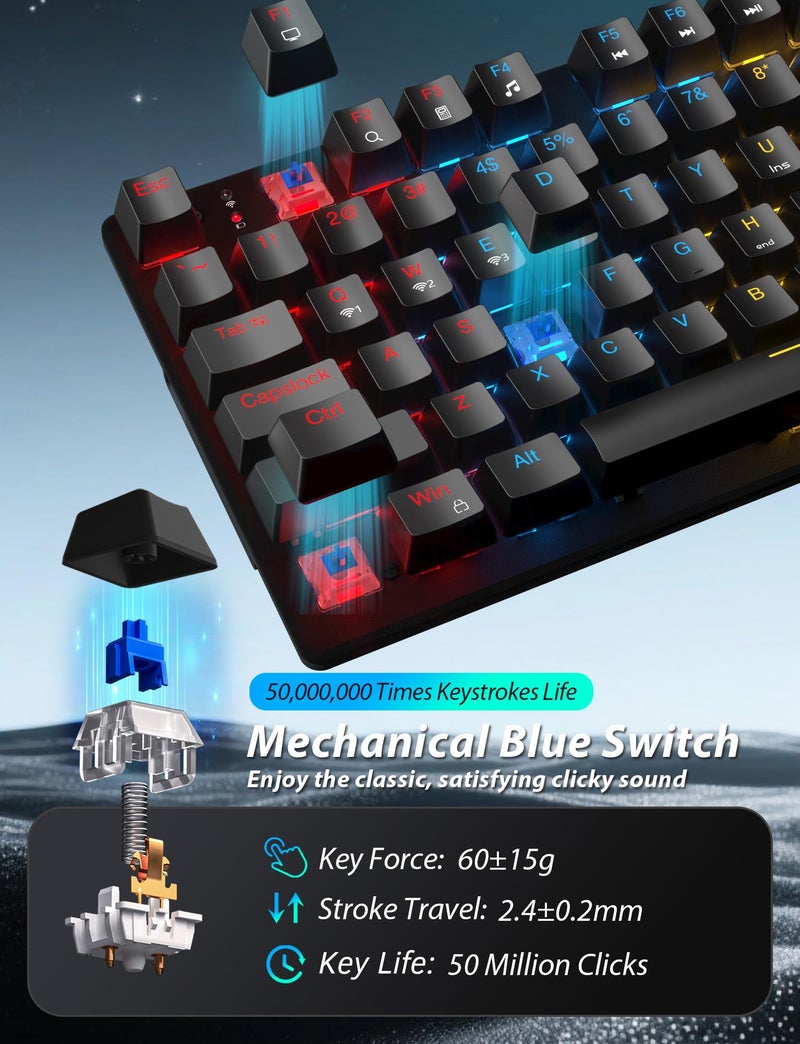 Taiahiro Wireless Mechanical Keyboard and Mouse Combo, 98-Key Gaming Keyboard with RGB Backlit, Tri-Mode BT5.0/2.4G/USB-C, 4000mAh Battery, 3200 DPI Gaming Mouse with Mouse Pad for PC, Laptop, Tablet - Image 3