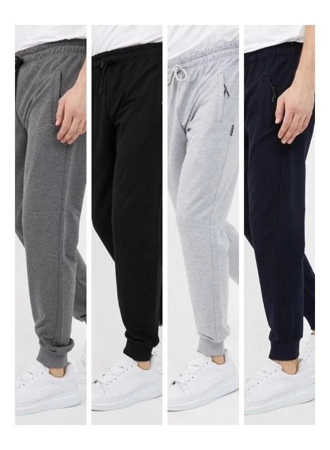 Black-Navy-Charcoal-Gray Men's Track Pants with Ribbed Cuffs, Pocket Zipper Detail, 4‑Piece Tracksuit Bottom.