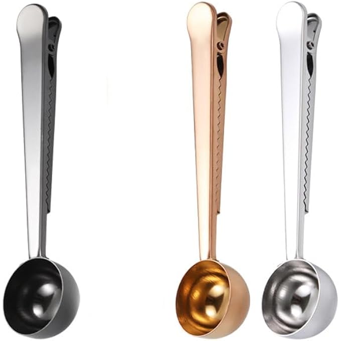 ريحني ملعقة قياس من الفولاذ المقاوم للصدأ 2 إن1 ملعقة قهوة بمقبض طويل كيس قهوة بمشبك فم مغلق 3 قطع - Image 1