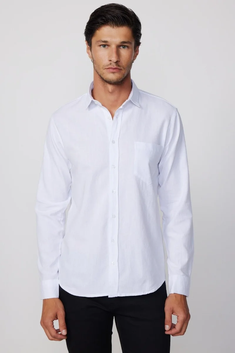 Tudors Classic Fit Long Sleeve Linen Effect Plain Piping White Shirt