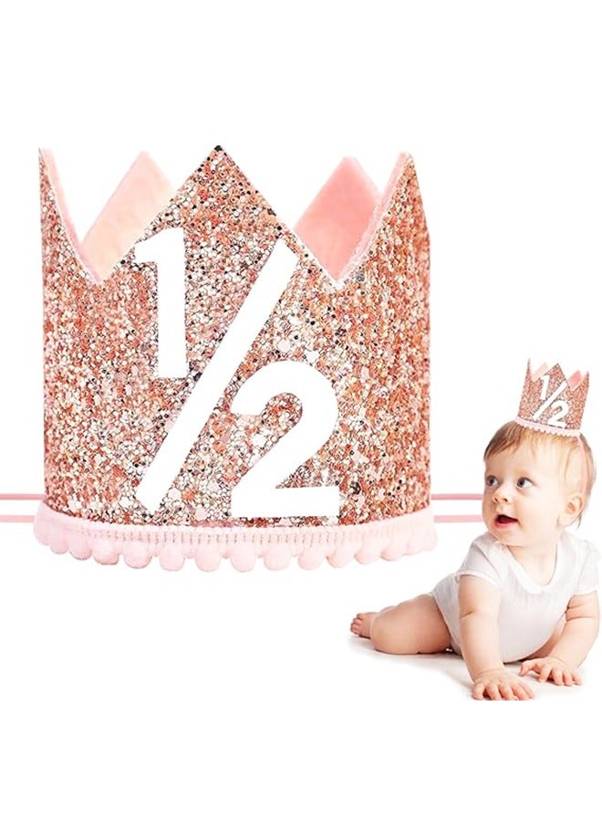 1/2 Birthday Girl Crown - Pink & Rose Gold Adjustable Baby Girl Half Birthday Hat for 6-12 Months  - Image 1