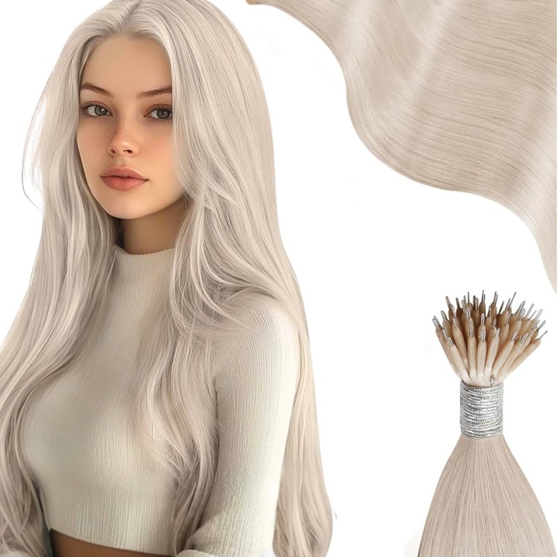 Moresoo Nano Tip Hair Extensions Real Human Hair White Blonde Nano Bead Extensions Human Hair Long Straight Nano Bead Extensions Human Hair Blonde 50G/50S 24Inch - Image 1