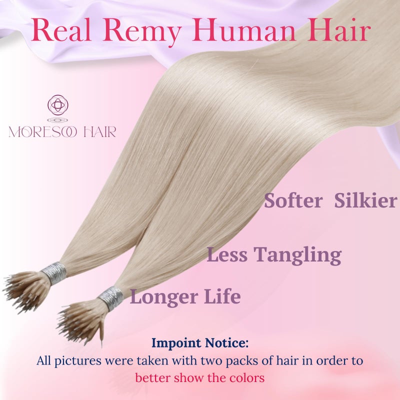 Moresoo Nano Tip Hair Extensions Real Human Hair White Blonde Nano Bead Extensions Human Hair Long Straight Nano Bead Extensions Human Hair Blonde 50G/50S 24Inch - Image 2