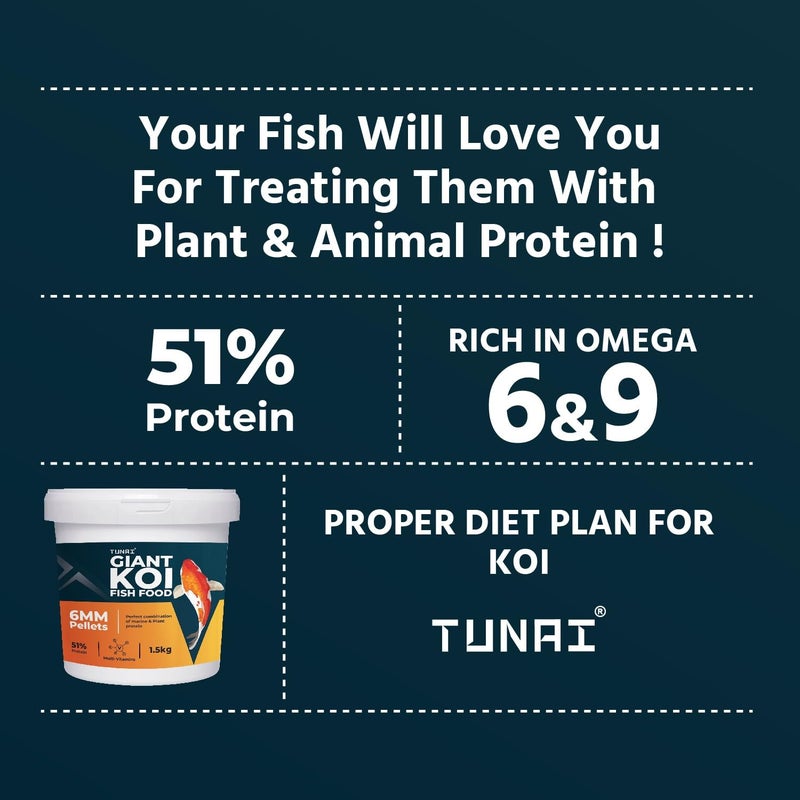 TUNAI طعام سمك كوي العملاق من توناي | كريات 6 مم | دلو 1.5 كجم | غني بـ 51% بروتين | مناسب لجميع أسماك الكوي الكبيرة البالغة في برك السمك - Image 3