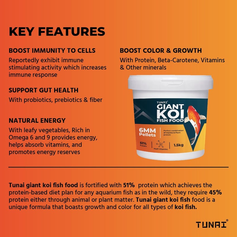 TUNAI طعام سمك كوي العملاق من توناي | كريات 6 مم | دلو 1.5 كجم | غني بـ 51% بروتين | مناسب لجميع أسماك الكوي الكبيرة البالغة في برك السمك - Image 2