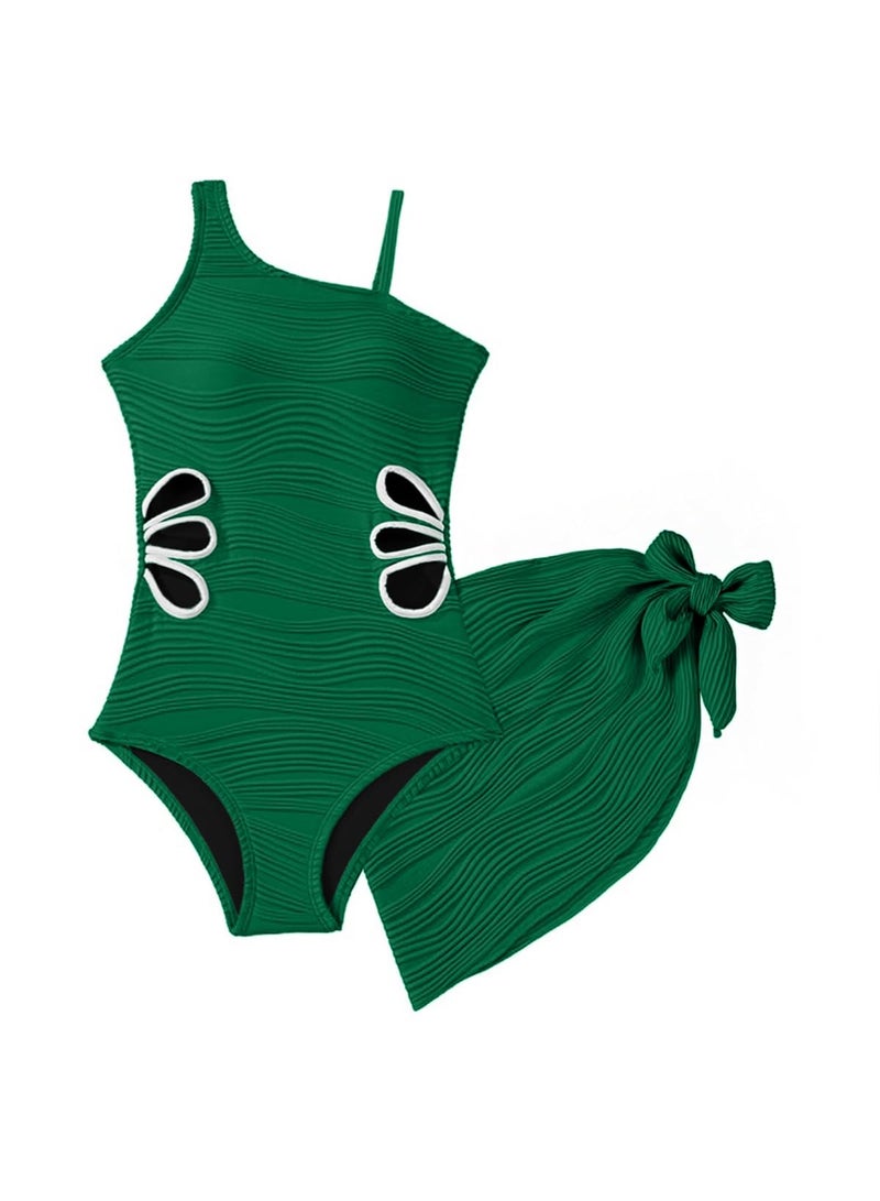 blibean Girls Swimsuit Size 12-13 Green Teen One Piece Bathing Suit with Cover Up Skirt Big Kids Adjustable Strap Swimwear Tween Cute Texture Traje Baño Niñas Padded Cutout Swimming Suit - Image 1