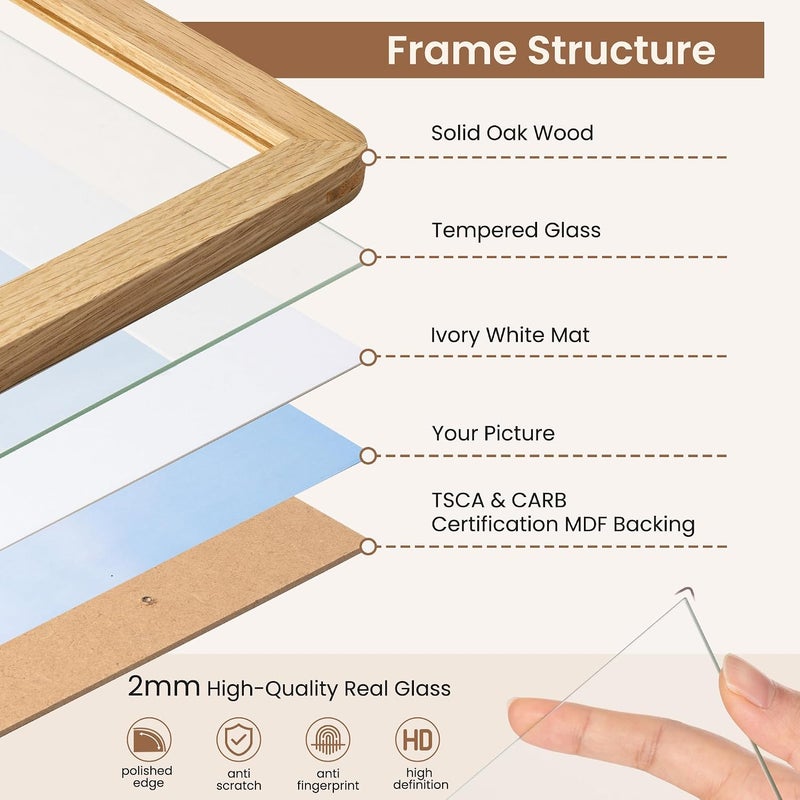 FLYJOE A5 Picture Frame,Natural Solid Oak Wood Photo Frame with HD Tempered Glass,A5 Photo Frames Matted to A6,Rounded Corner Wooden Frames Wall Decoration for Family/Graduation/Wedding/Certification - Image 4