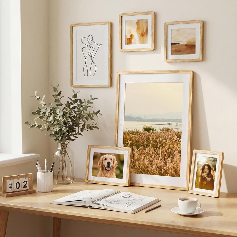 FLYJOE A5 Picture Frame,Natural Solid Oak Wood Photo Frame with HD Tempered Glass,A5 Photo Frames Matted to A6,Rounded Corner Wooden Frames Wall Decoration for Family/Graduation/Wedding/Certification - Image 2