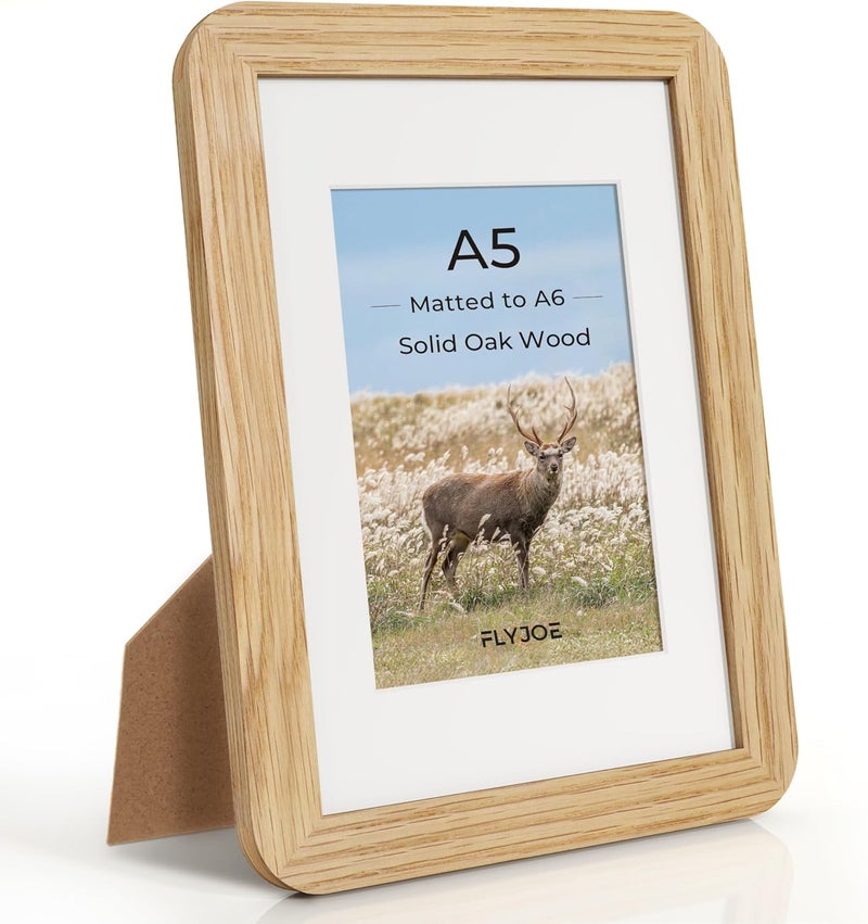 FLYJOE A5 Picture Frame,Natural Solid Oak Wood Photo Frame with HD Tempered Glass,A5 Photo Frames Matted to A6,Rounded Corner Wooden Frames Wall Decoration for Family/Graduation/Wedding/Certification - Image 1