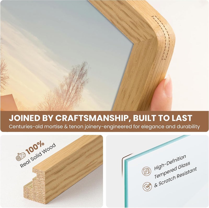 FLYJOE A5 Picture Frame,Natural Solid Oak Wood Photo Frame with HD Tempered Glass,A5 Photo Frames Matted to A6,Rounded Corner Wooden Frames Wall Decoration for Family/Graduation/Wedding/Certification - Image 3