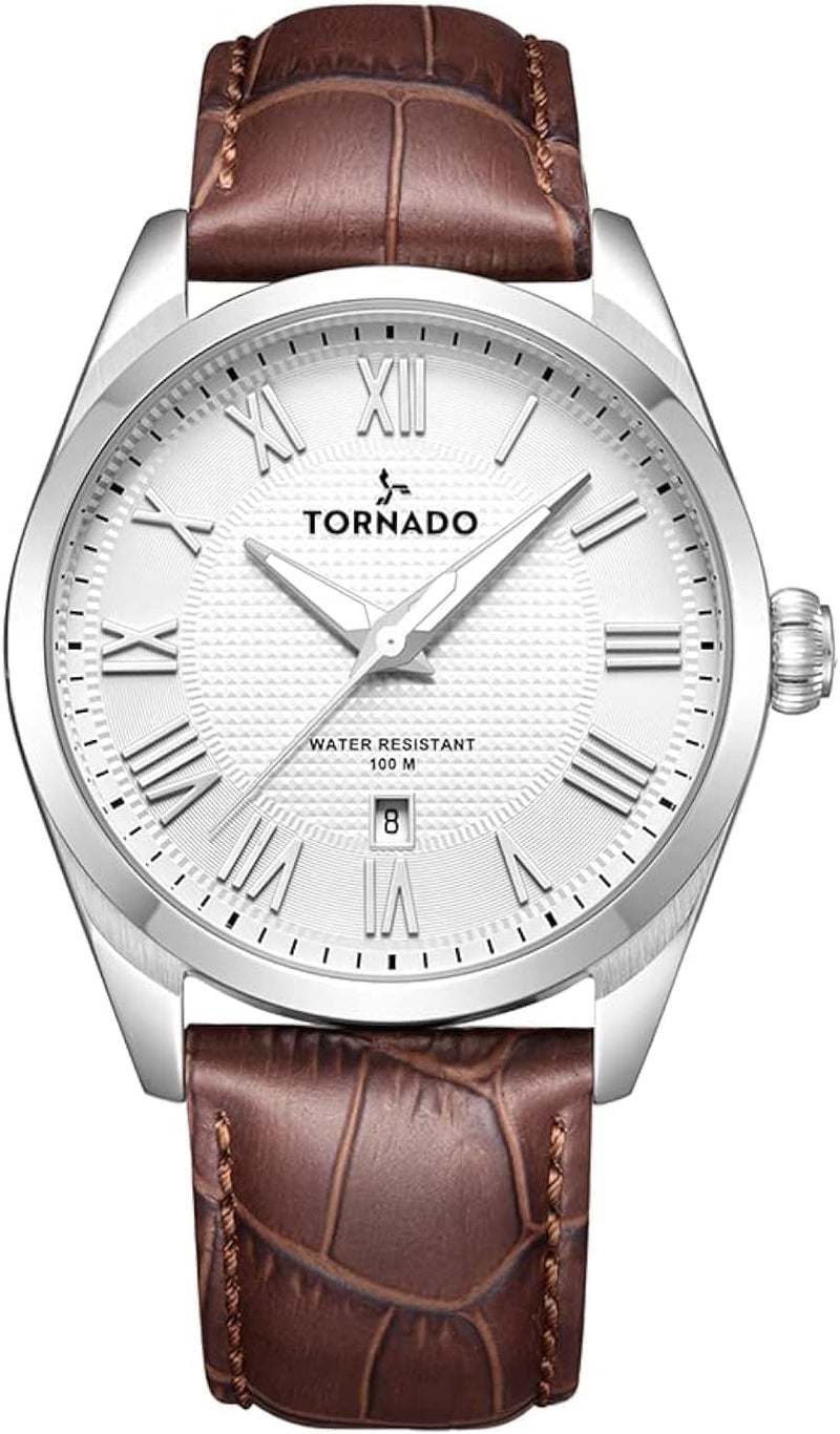 تورنيدو ساعة تورنادو للرجال، حركة كوارتز يابانية، شاشة تناظرية وحزام جلدي - T8007-SLDW، بني