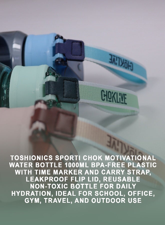 توشيونيكس زجاجة مياه سبورتي تشوك إم جي التحفيزية سعة 1000 مل، مصنوعة من البلاستيك الخالي من مادة BPA، مع مؤشر للوقت وحزام حمل، وغطاء قلاب مانع للتسرب، وزجاجة غير سامة قابلة لإعادة الاستخدام للترطيب اليومي، مثالية للمدرسة والمكتب وصالة الألعاب الرياضية والسفر والاستخدام في الهواء الطلق - Image 2