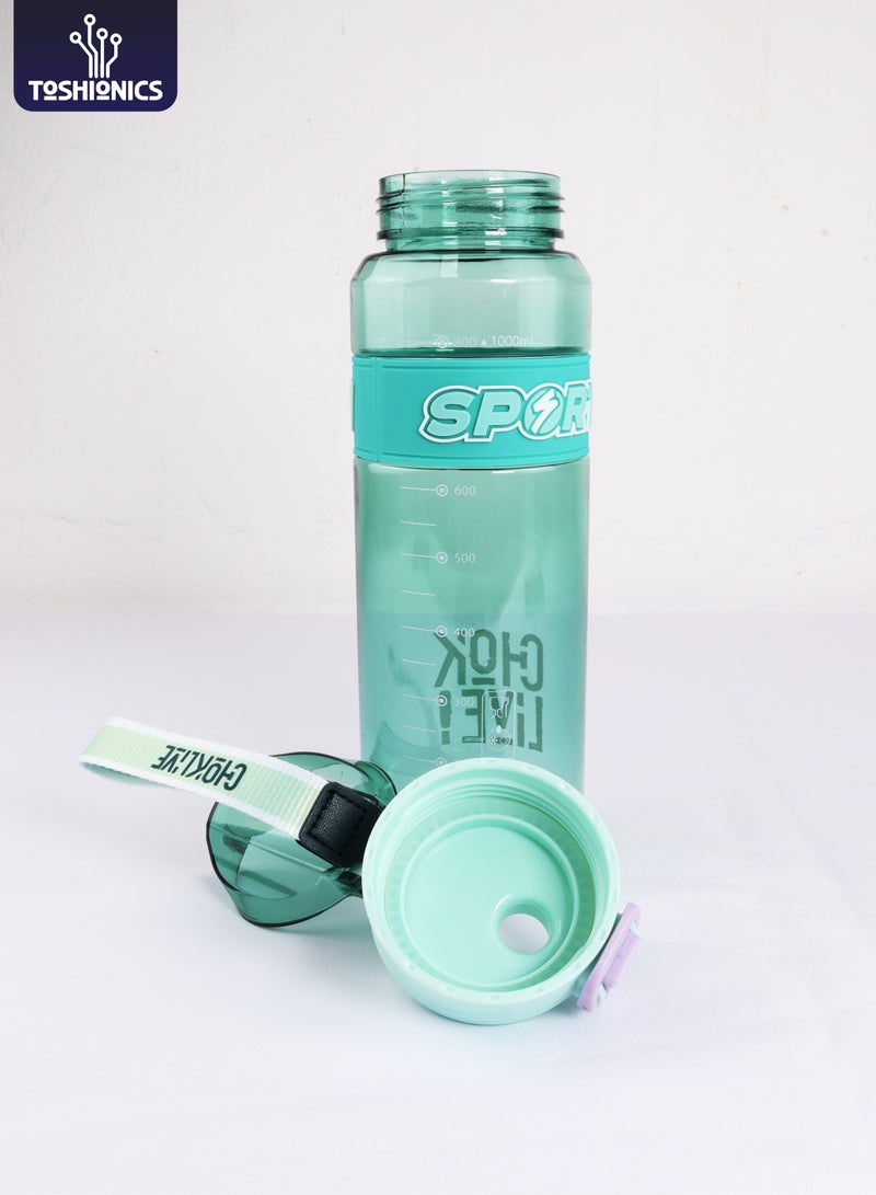 توشيونيكس زجاجة مياه سبورتي تشوك إم جي التحفيزية سعة 1000 مل، مصنوعة من البلاستيك الخالي من مادة BPA، مع مؤشر للوقت وحزام حمل، وغطاء قلاب مانع للتسرب، وزجاجة غير سامة قابلة لإعادة الاستخدام للترطيب اليومي، مثالية للمدرسة والمكتب وصالة الألعاب الرياضية والسفر والاستخدام في الهواء الطلق - Image 1