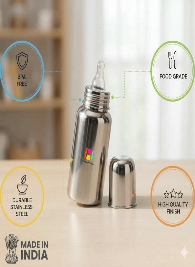 Human Hydro 300ml Stainless Steel Baby Feeding Bottle | Anti-Colic, BPA-Free, Leak-Proof | Food Grade 304 Steel | Wide Neck Milk Bottle for Newborns & Infants | Made in India - Image 2