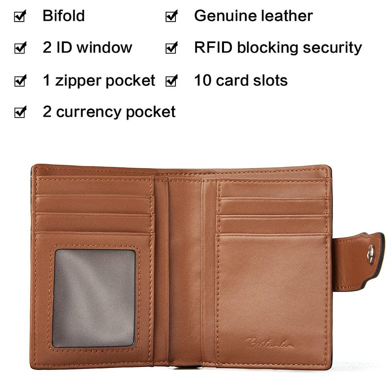 BOSTANTEN Women Leather Wallet RFID Blocking Small Bifold Zipper Pocket Wallet Card Case Purse with ID Window Brown - Image 3