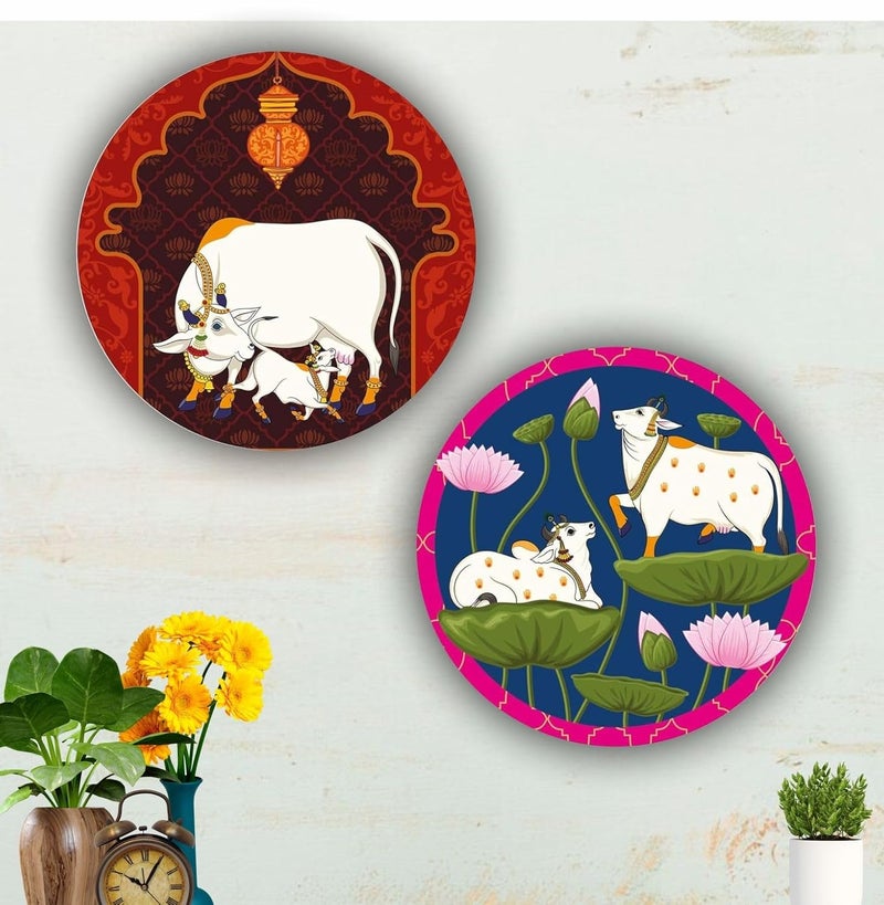 Bhikham Creation Set of 2 Round Pichwai Cow MDF Wall Paintings 9x9 Inch Modern Indian Art for Living Room Bedroom Cafe Diwali Pongal Festival Home Decor