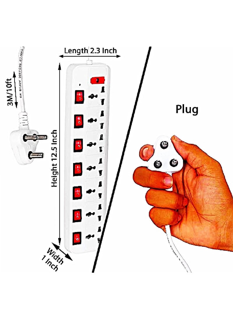 yuvex Yuvex 77 Extension Cord Power UP 6AMP and 3 MTR Long Wire and LED Indicator 7 Socket Extension Boards White 3 m  - Image 2