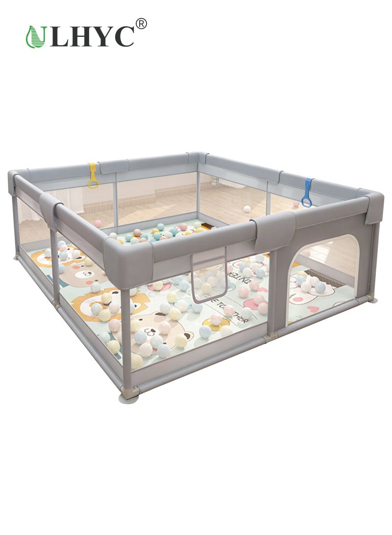 ULHYC Children's Large Stainless Steel Steering Tube, Baby Indoor Crawling Safety Fence, Playpen with Breathable Mesh and Zipper Door - Gray - Image 1