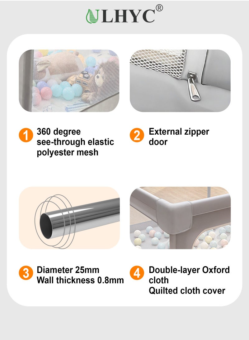 ULHYC Children's Large Stainless Steel Steering Tube, Baby Indoor Crawling Safety Fence, Playpen with Breathable Mesh and Zipper Door - Gray - Image 5