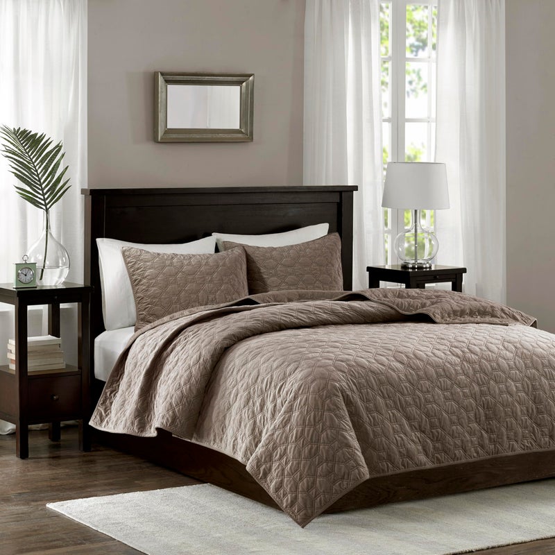 madison park Madison Park Harper Velvet 3 Piece Coverlet Set Taupe 104x94 inches KingCal King  - Image 1