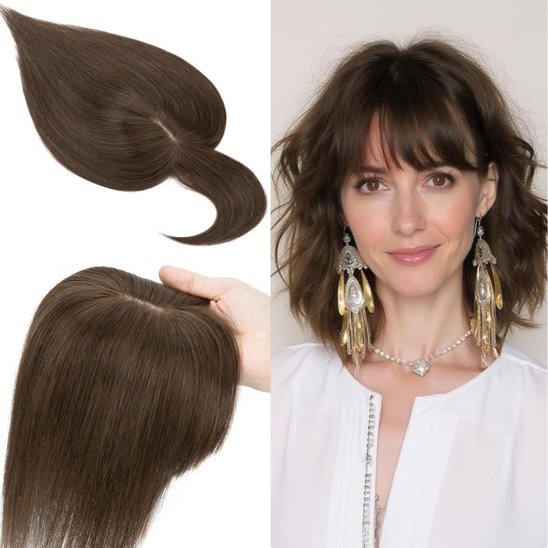 SEGO 100% Real Human Hair Toppers with Bangs,Silk Base 150% Density Clip in Topper Top 2.7”x5.1” Hair Pieces for Women with Thinning Hair/Hair Loss Cover Gray Hair - Image 1