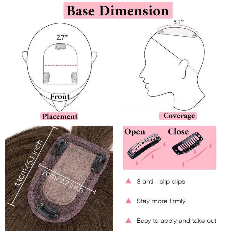 SEGO 100% Real Human Hair Toppers with Bangs,Silk Base 150% Density Clip in Topper Top 2.7”x5.1” Hair Pieces for Women with Thinning Hair/Hair Loss Cover Gray Hair - Image 4