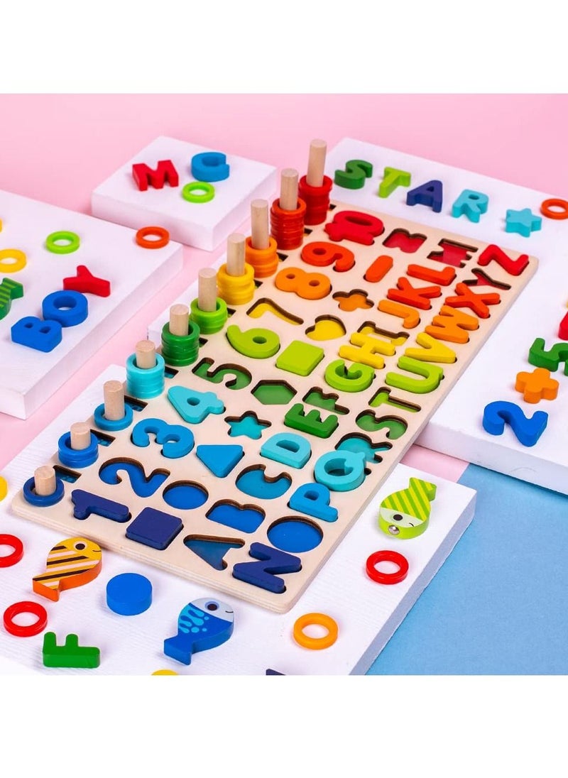 Montessori Wooden Puzzle Toy,Educational Mathematics Game for Children Baby 1 2 3 4 5 6 Years,Learn Numbers and Letters of the Alphabet, Recognize Shapes & Colours