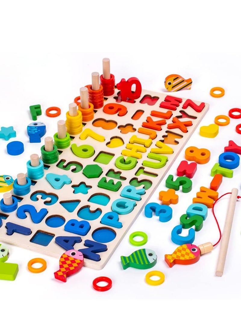 Montessori Wooden Puzzle Toy,Educational Mathematics Game for Children Baby 1 2 3 4 5 6 Years,Learn Numbers and Letters of the Alphabet, Recognize Shapes & Colours