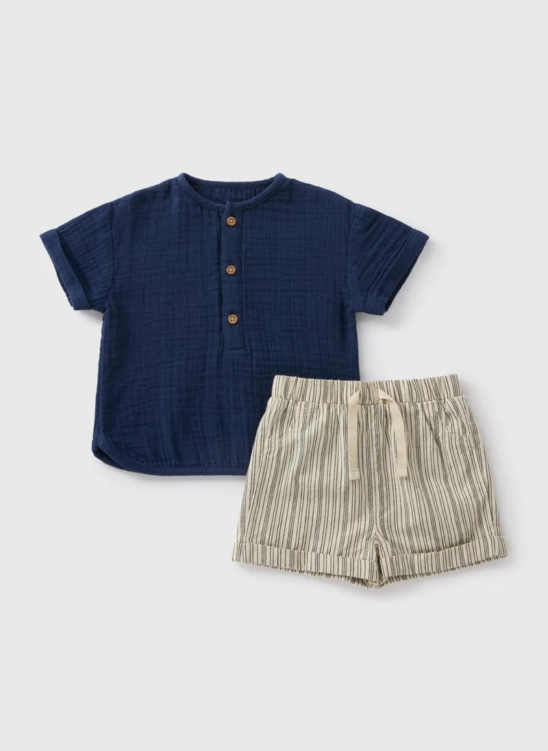 Matalan Baby Navy Crinkle Top & Short Set